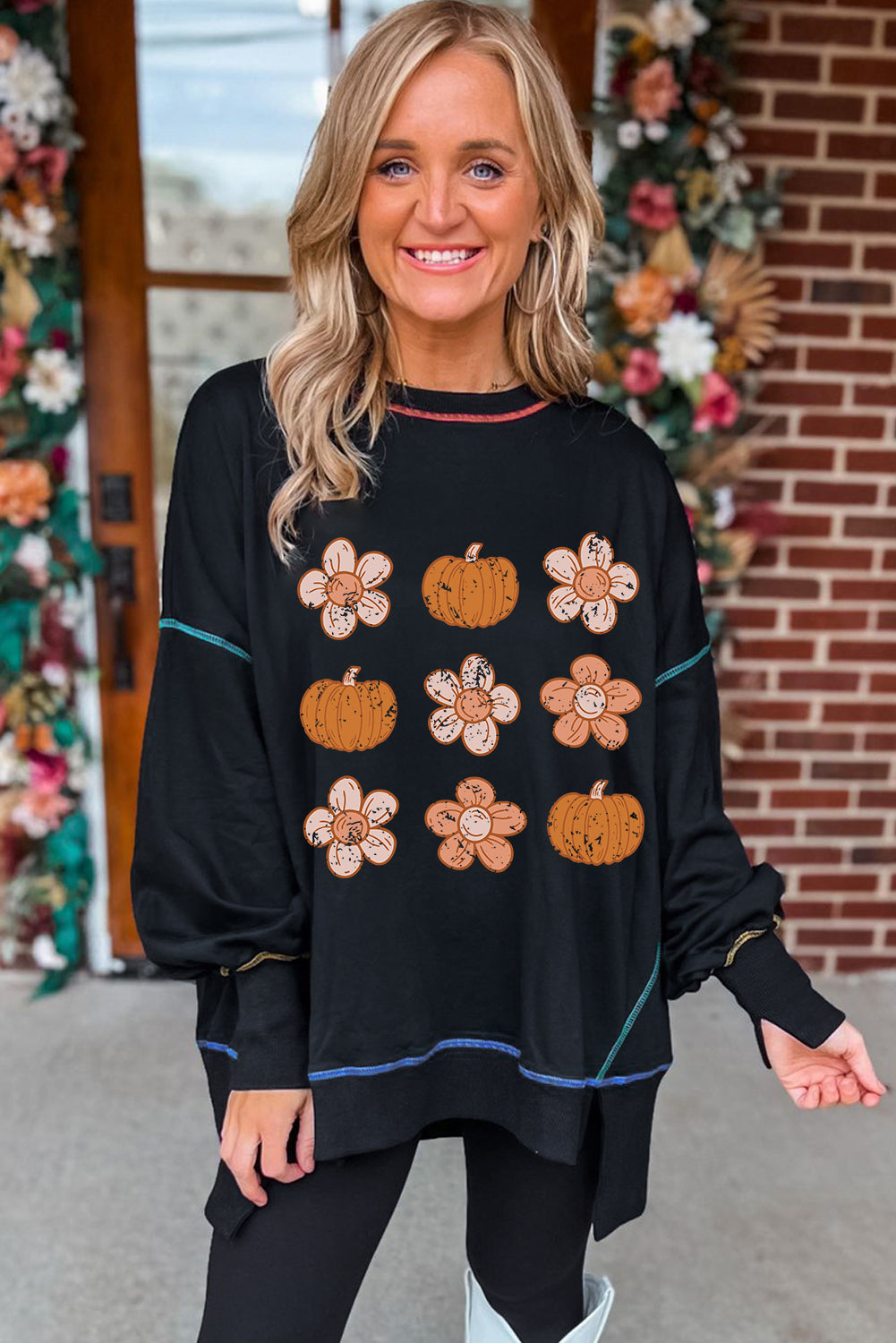 Black Floral Pumpkin Graphic Split Lantern Sleeve Seamed Sweatshirt Graphic Sweatshirts JT's Designer Fashion