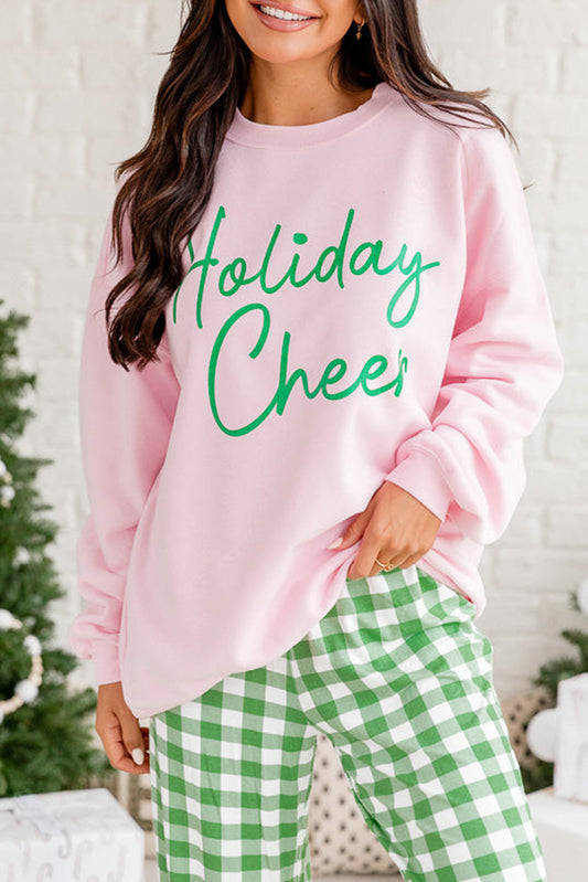 Pink Holiday Cheer Letter Graphic Christmas Slogan Sweatshirt Pink 50%Polyester+50%Cotton Graphic Sweatshirts JT's Designer Fashion