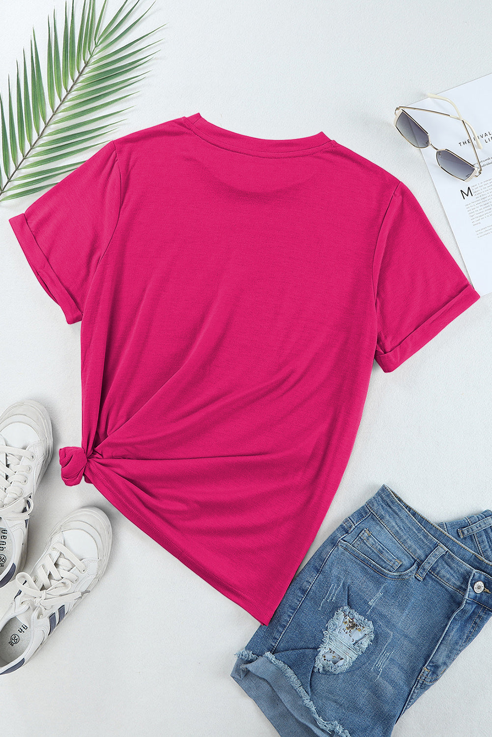 Rose Red Casual Plain Crew Neck Tee Tops & Tees JT's Designer Fashion