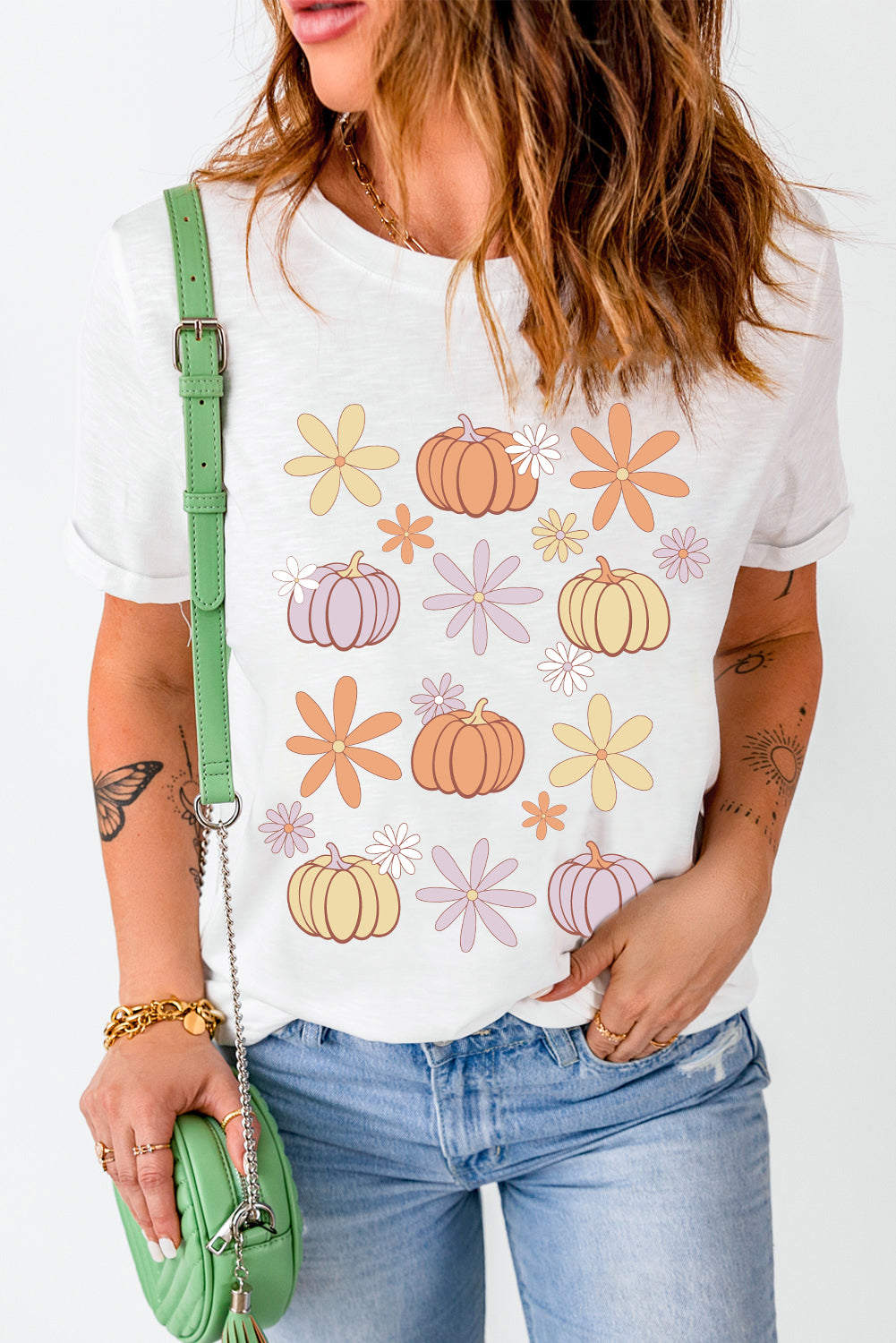 White Floral Pumpkin Graphic Crewneck Halloween T Shirt Graphic Tees JT's Designer Fashion