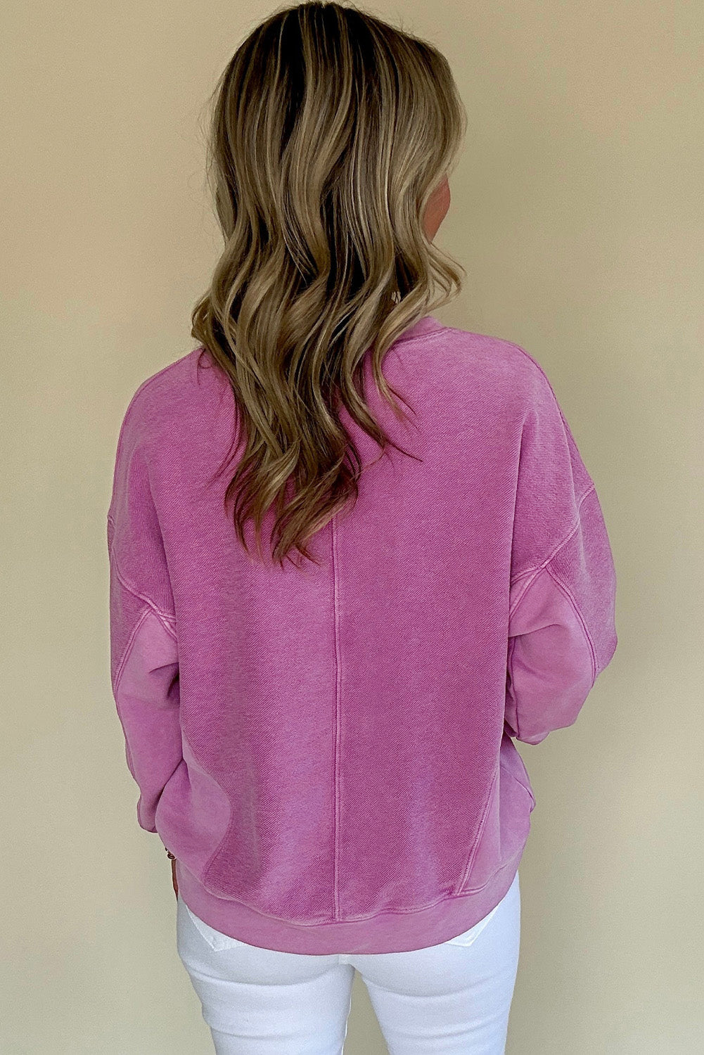 Bright Pink Solid Color Notched Neck Drop Shoulder Sweatshirt Sweatshirts & Hoodies JT's Designer Fashion