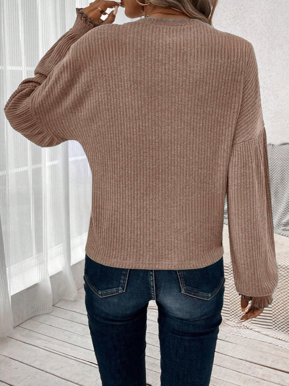 Ribbed Round Neck Lantern Sleeve T-Shirt Long Sleeve Tops JT's Designer Fashion