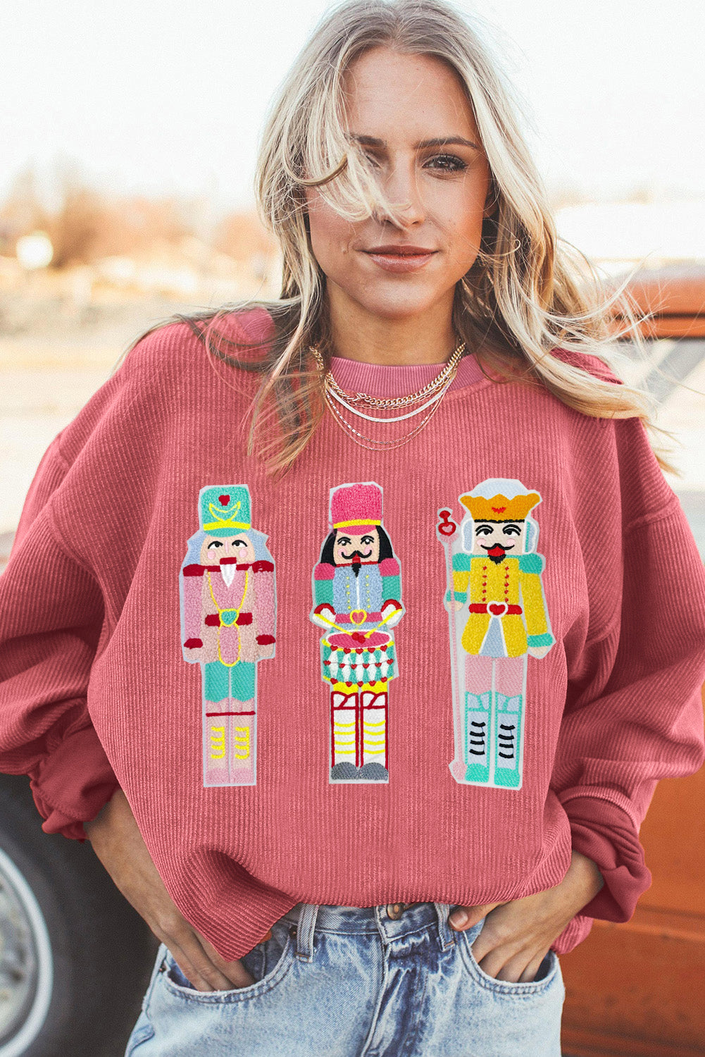 Strawberry Pink Chenille Nutcracker Doll Graphic Christmas Corded Sweatshirt Graphic Sweatshirts JT's Designer Fashion