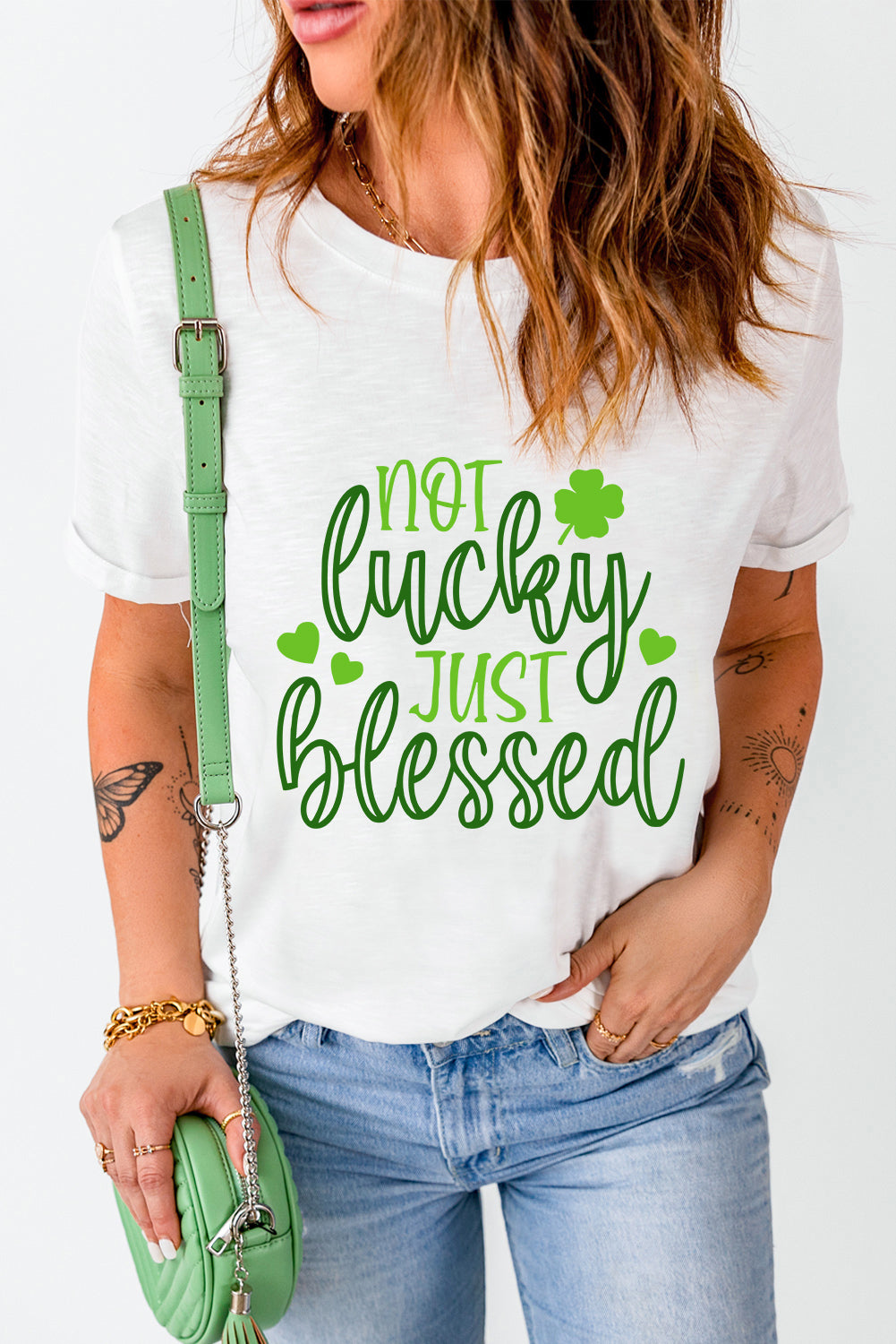 White St Patricks Not Luck Just Blessed Graphic T-shirt Graphic Tees JT's Designer Fashion