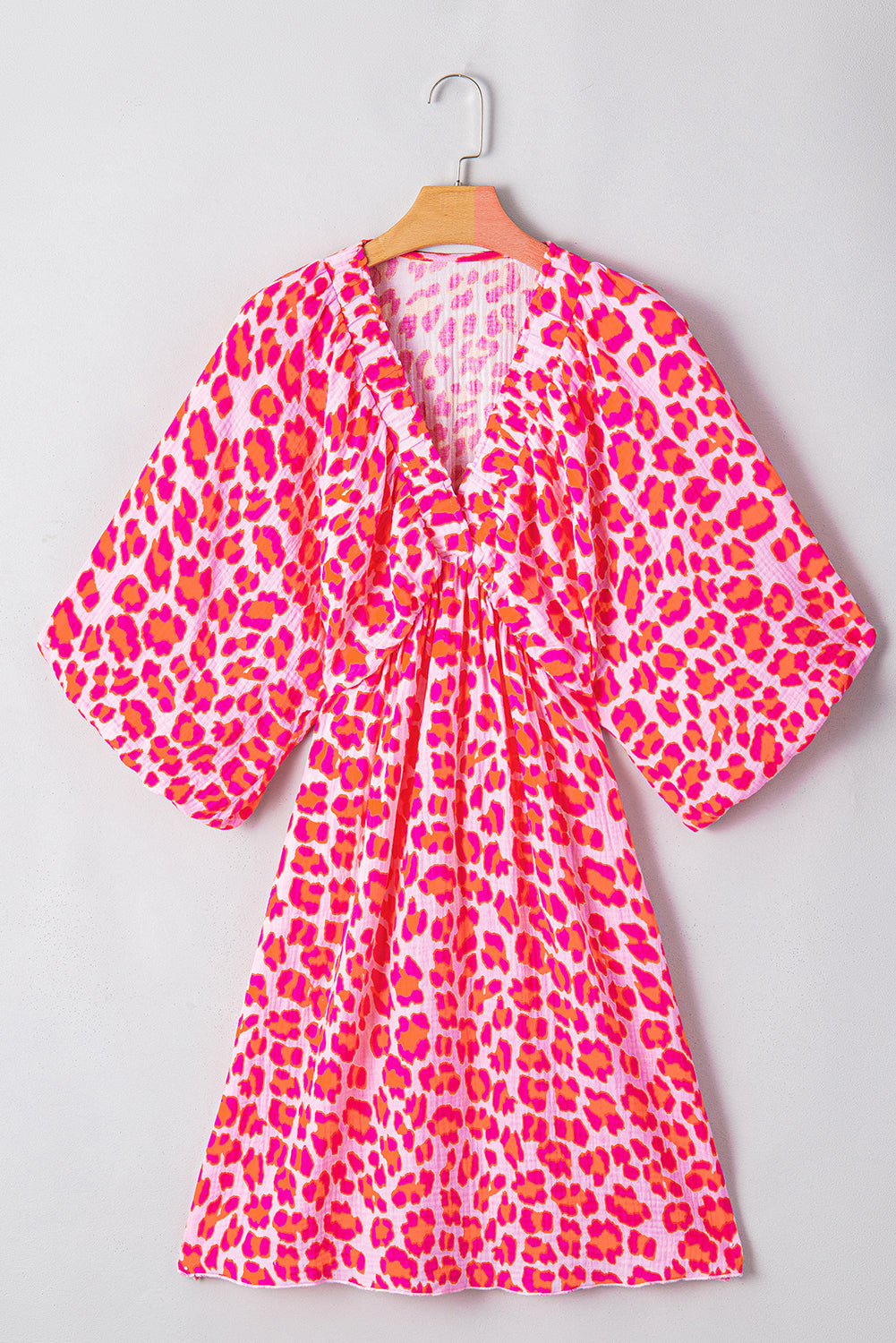 Pink Leopard Print Elasticated V Neck 3/4 Puff Sleeve Dress Mini Dresses JT's Designer Fashion