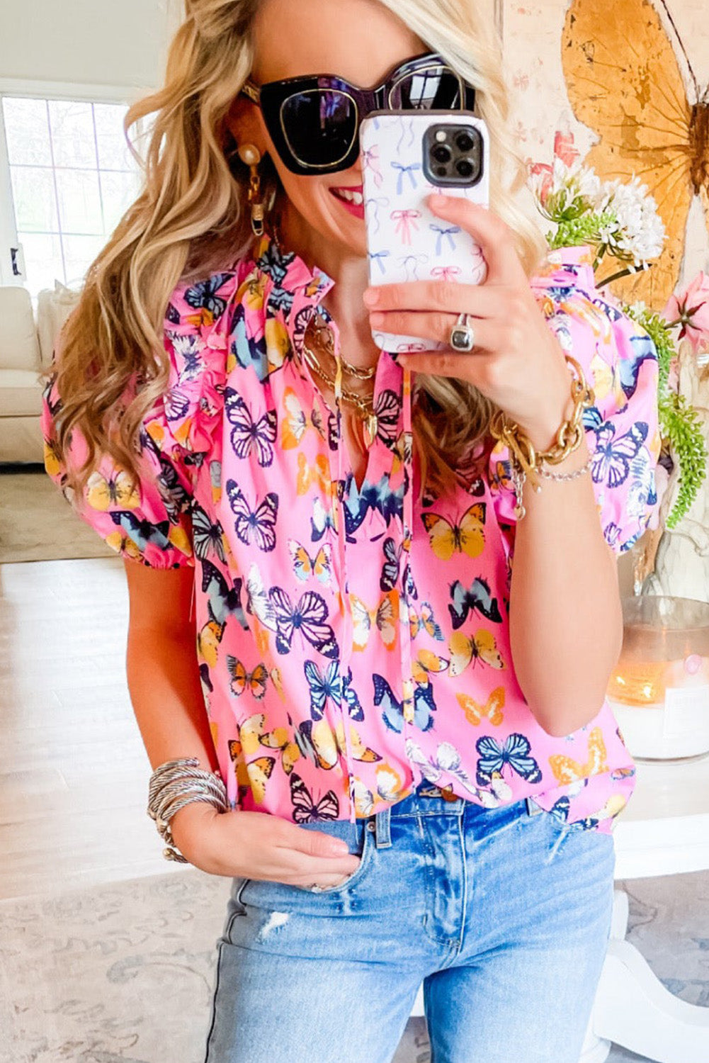 Pink Butterfly Print Puff Short Sleeve Blouse Tops & Tees JT's Designer Fashion