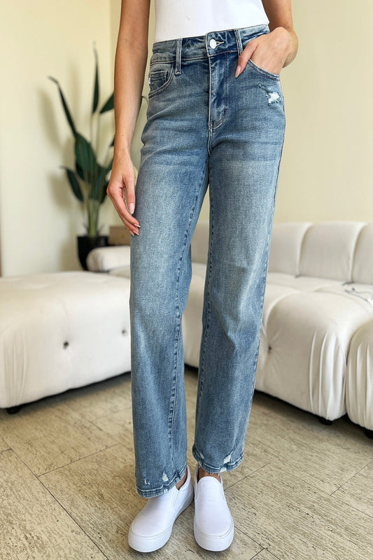 Judy Blue Full Size High Waist Distressed Straight Jeans Medium High Waist Jeans JT's Designer Fashion