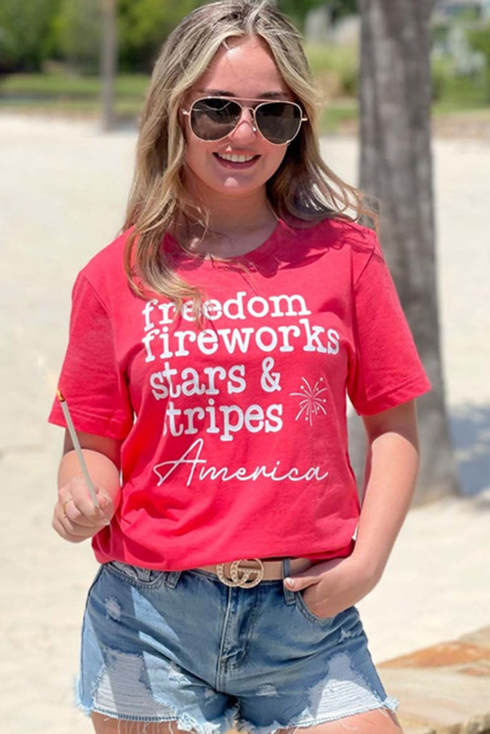 Fiery Red American Freedom Day Slogan Print T Shirt Graphic Tees JT's Designer Fashion