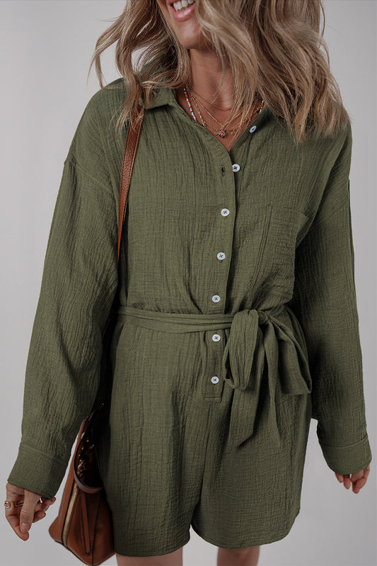 Vineyard Green Mineral Wash Distressed Texture Shirt Style Long Sleeve Romper Bottoms JT's Designer Fashion