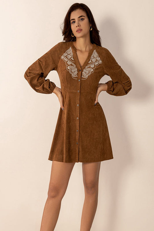 Notched Button Down Long Sleeve Mini Dress Caramel Mini Dresses JT's Designer Fashion