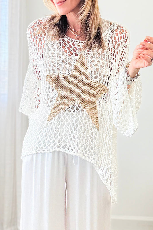 White Big Star Accent Pothole Knitted Summer Sweater Tops & Tees JT's Designer Fashion