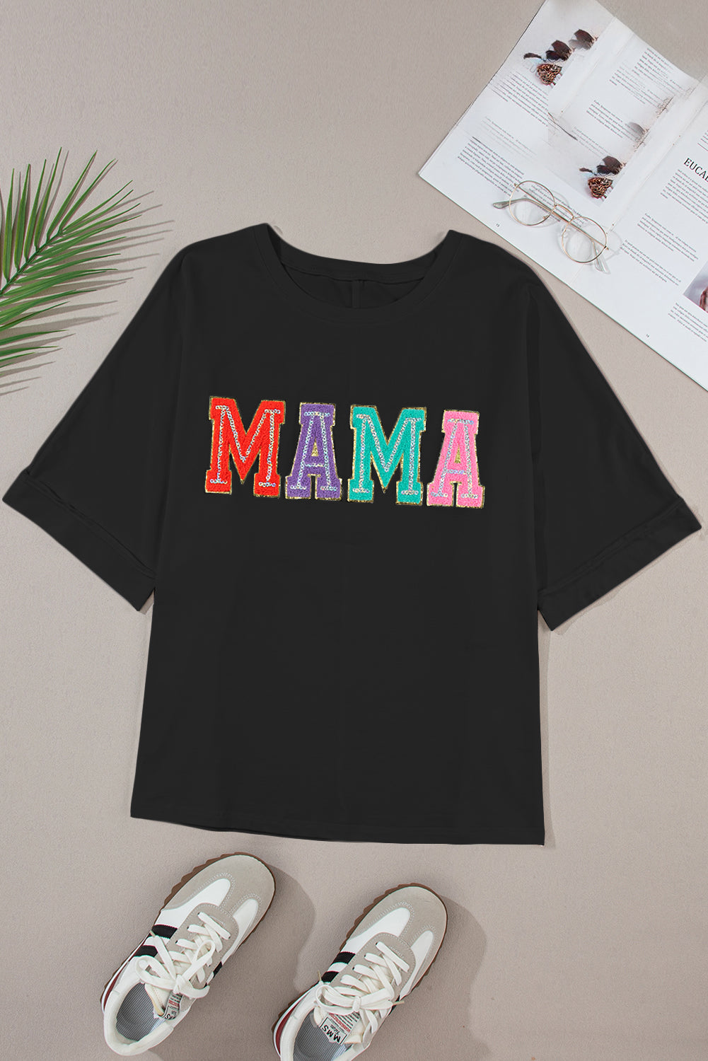 Black MAMA Chenille Patched Crew Neck T Shirt Tops & Tees JT's Designer Fashion