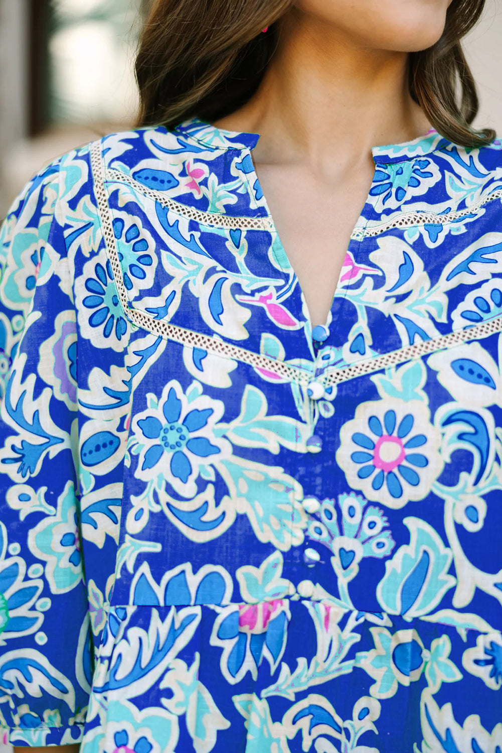 Blue Mix Floral Printed Lace Detail Bracelet Sleeve Blouse Blouses & Shirts JT's Designer Fashion