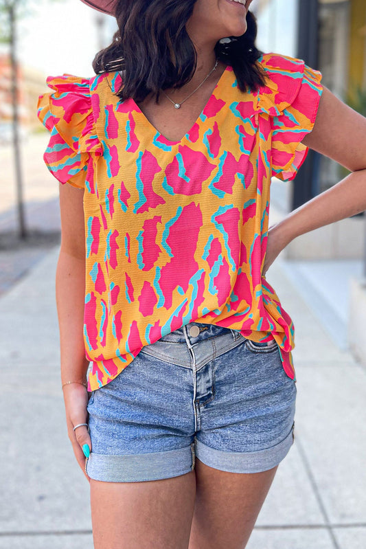 Orange Colorblock Abstract Print V Neck Ruffled Sleeve Blouse Tops & Tees JT's Designer Fashion