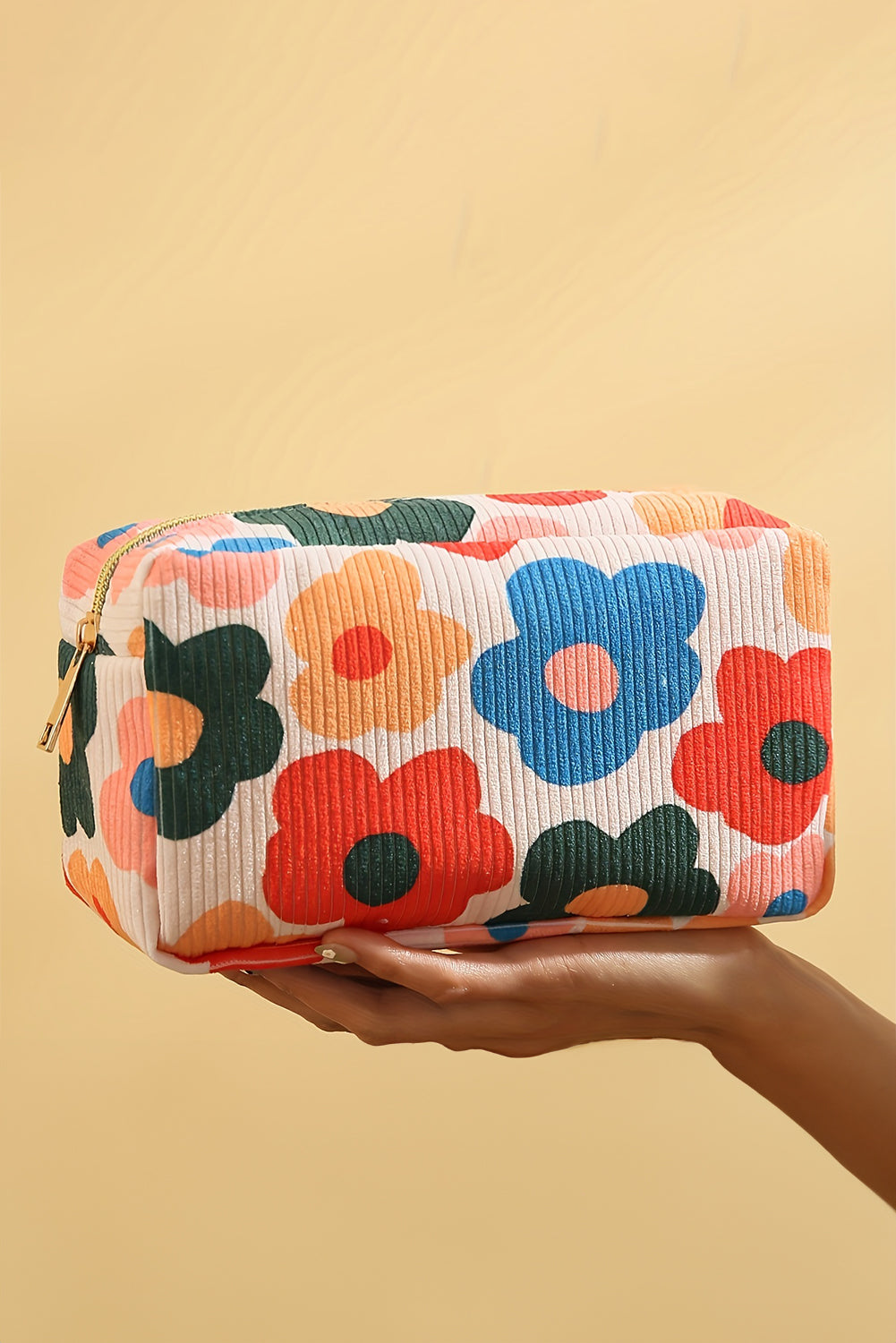 White Flower Print Zipper Square Corduroy Cosmetic Bag Makeup Bags JT's Designer Fashion