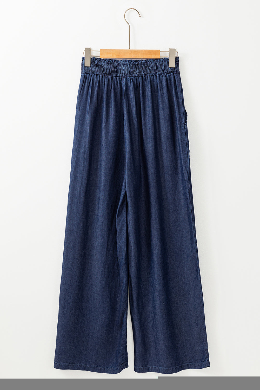 Sail Blue Side Pockets Frilled Smocked High Waist Wide Leg Jeans Jeans JT's Designer Fashion