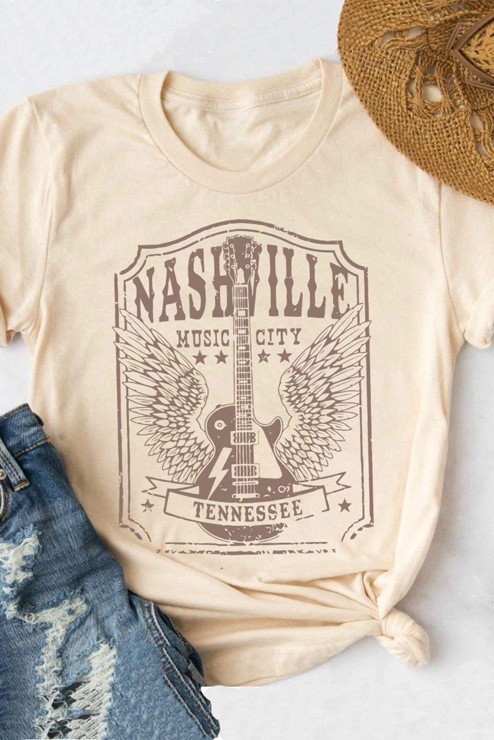 Khaki NASHVILLE MUSIC CITY Guitar Graphic T Shirt Khaki 95%Polyester+5%Elastane Graphic Tees JT's Designer Fashion