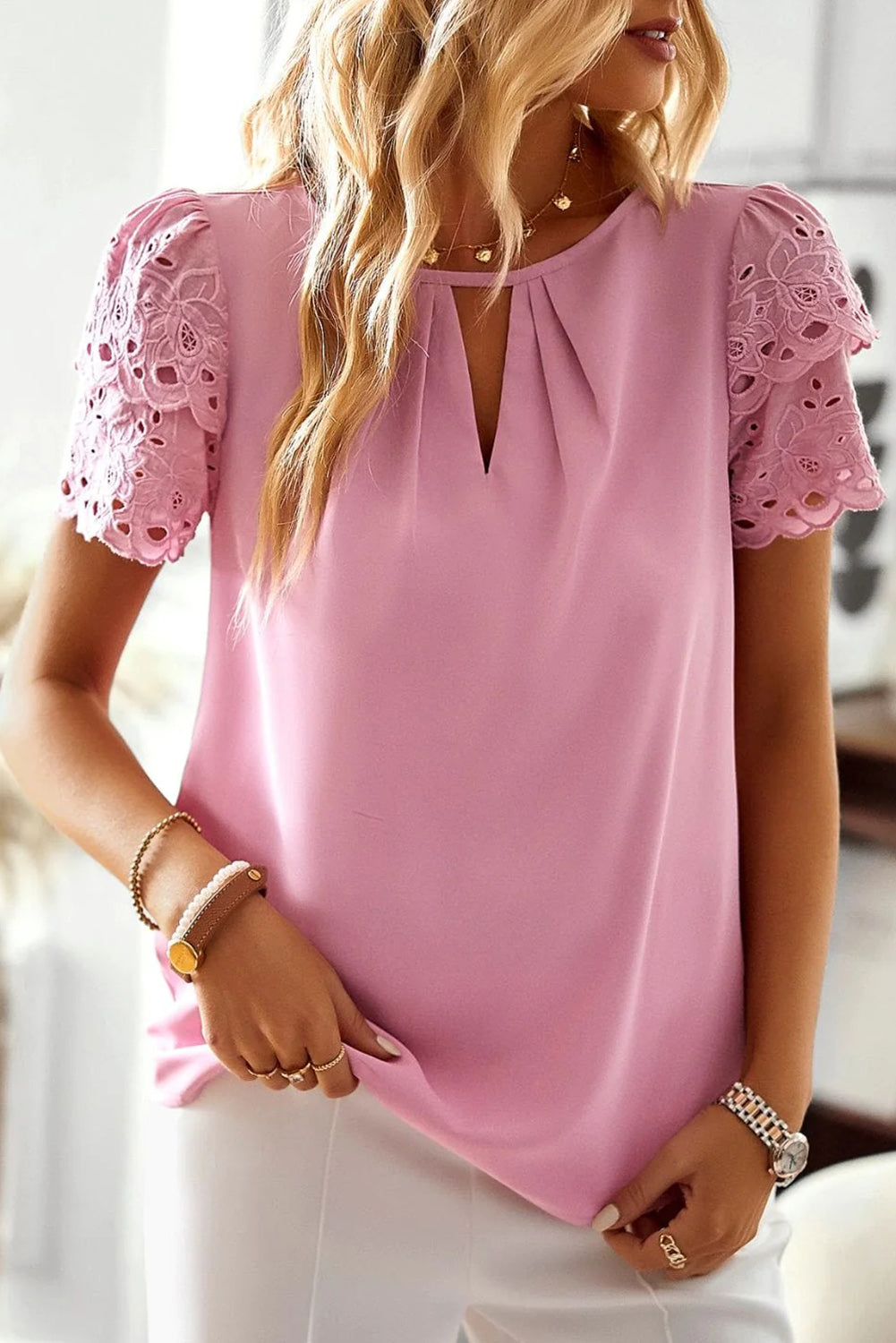 Pink Pleated Round Neck Lace Sleeve Blouse Tops & Tees JT's Designer Fashion