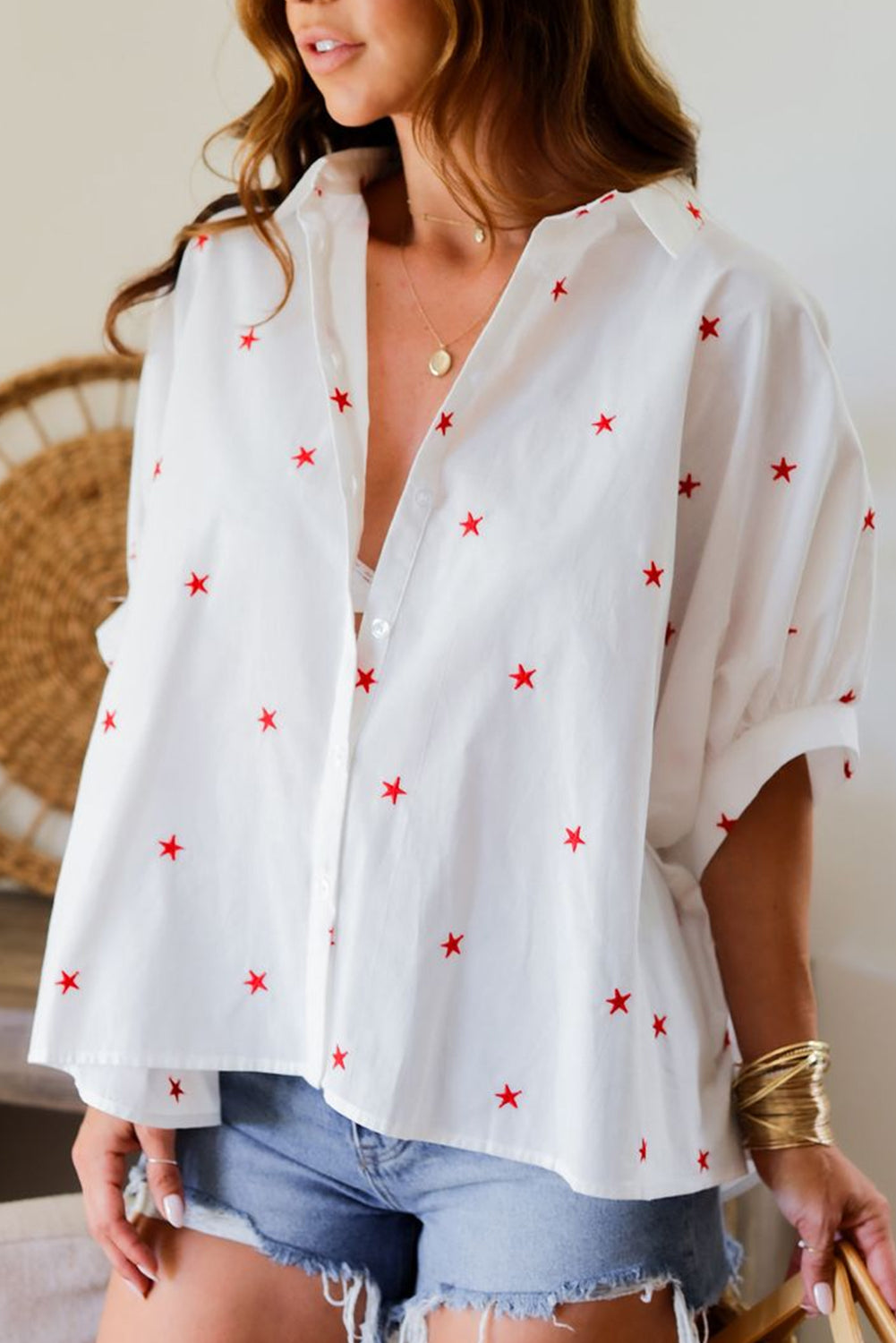 White Red Little Stars Printed Loose Half Sleeve Shirt Pre Order Tops JT's Designer Fashion