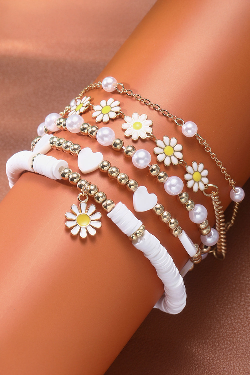 White Daisy Heart Pearl Beaded Multi Layer Bracelet Set Jewelry JT's Designer Fashion