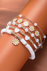 White Daisy Heart Pearl Beaded Multi Layer Bracelet Set Jewelry JT's Designer Fashion