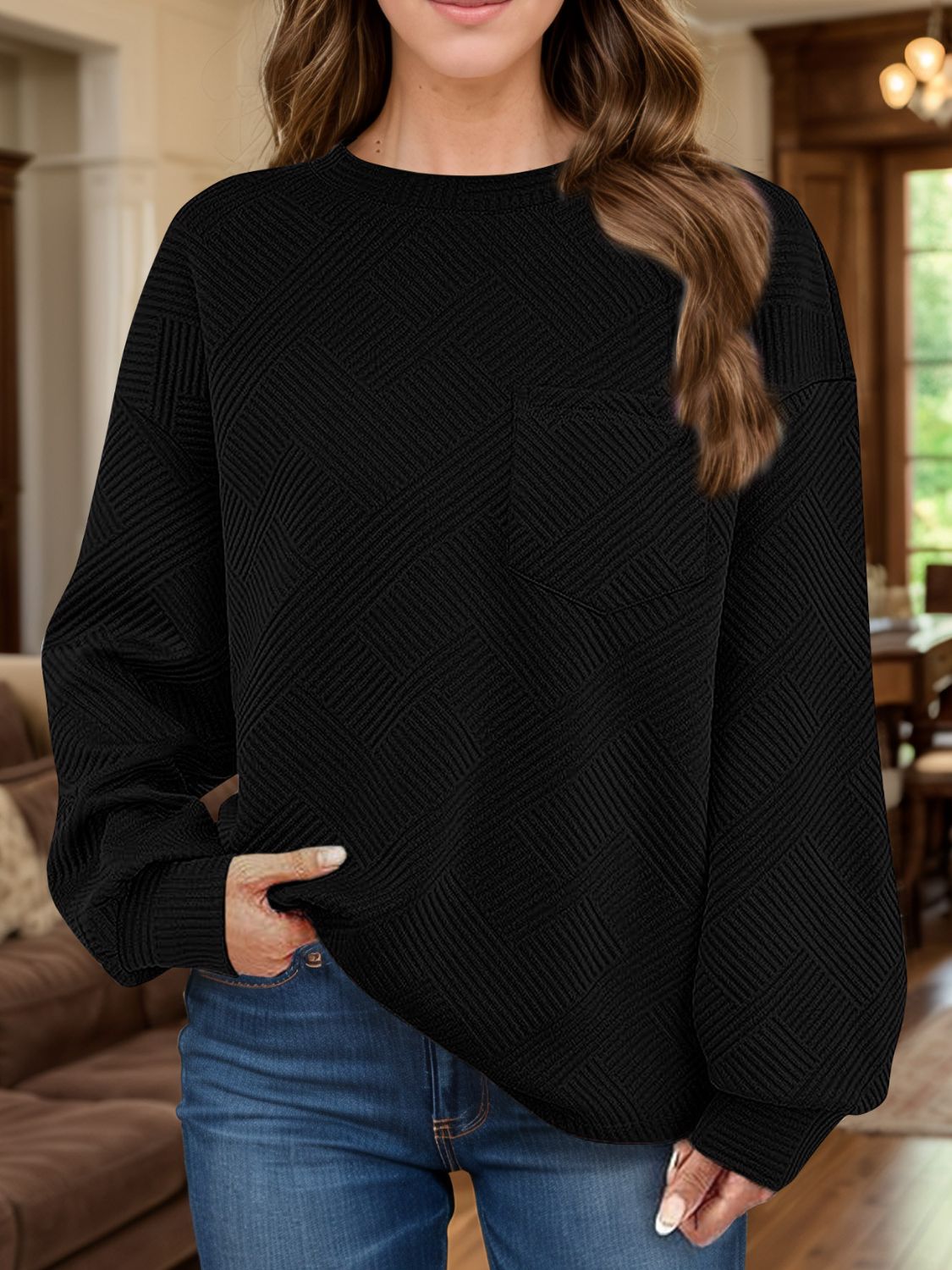 Full Size Texture Round Neck Long Sleeve Sweatshirt Black Long Sleeve Tops JT's Designer Fashion