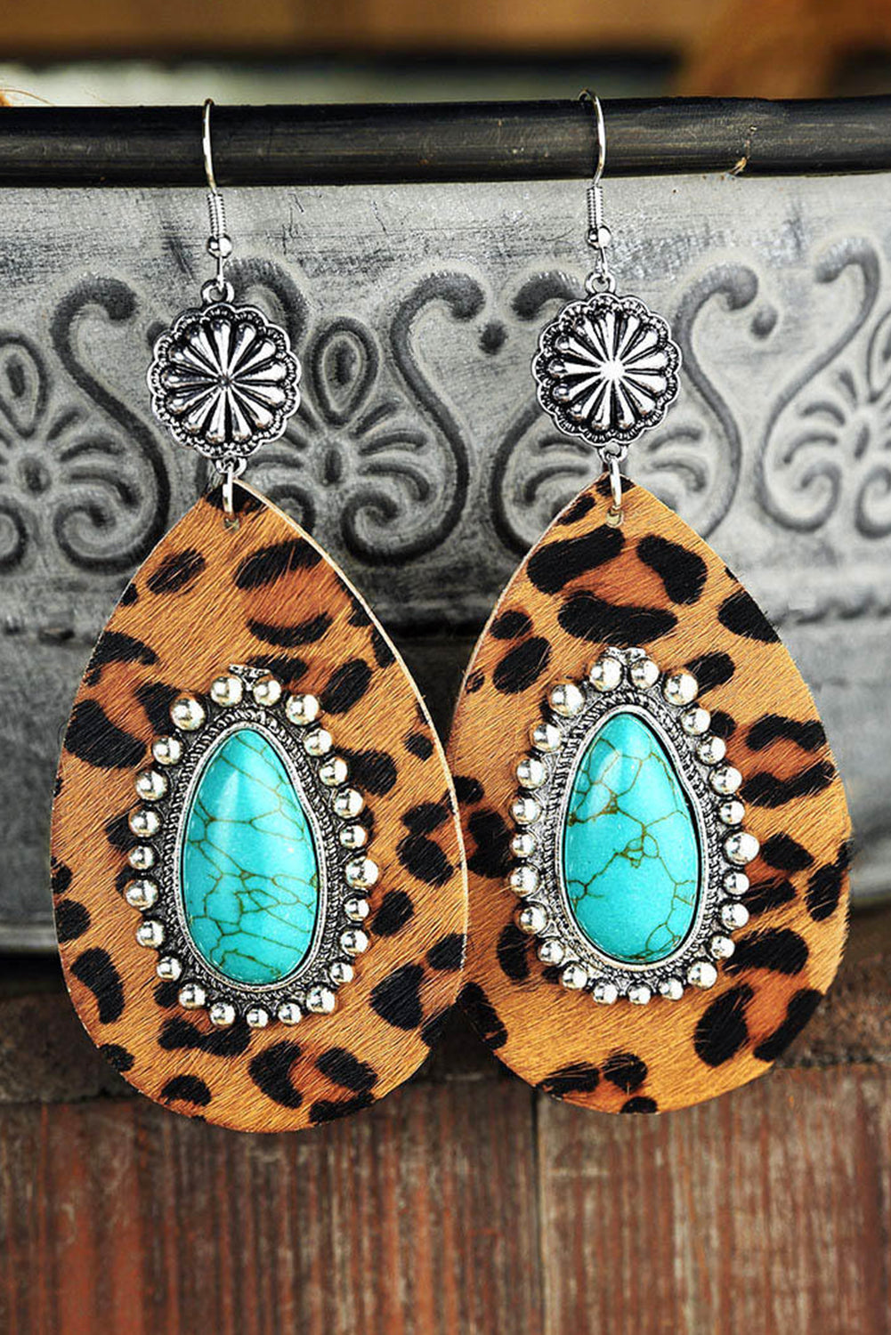 Chestnut Western Leopard Turquoise Inlay Drop Earrings Jewelry JT's Designer Fashion