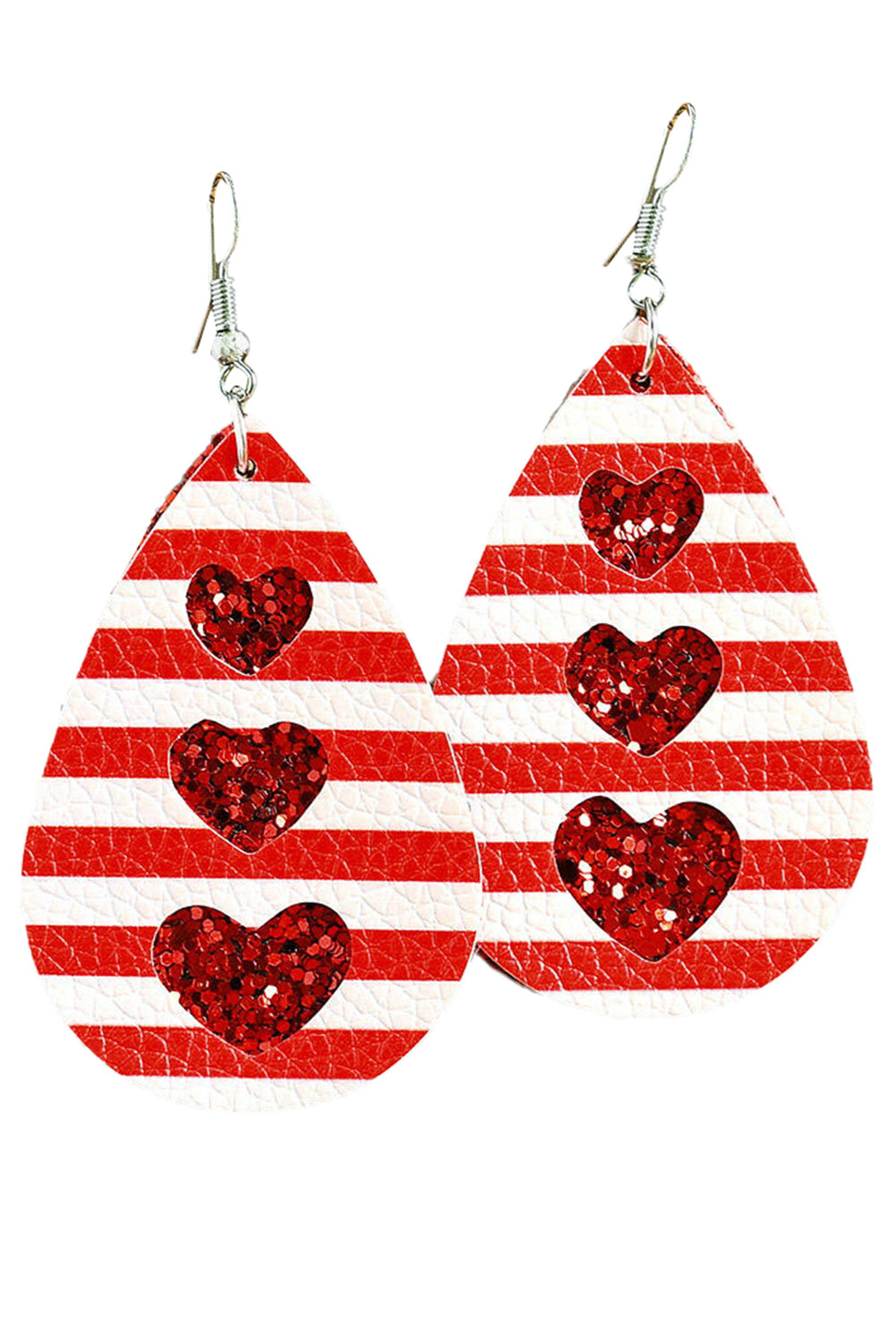 Fiery Red Valentines Heart Print Pu Leather Teardrop Dangle Earrings Jewelry JT's Designer Fashion