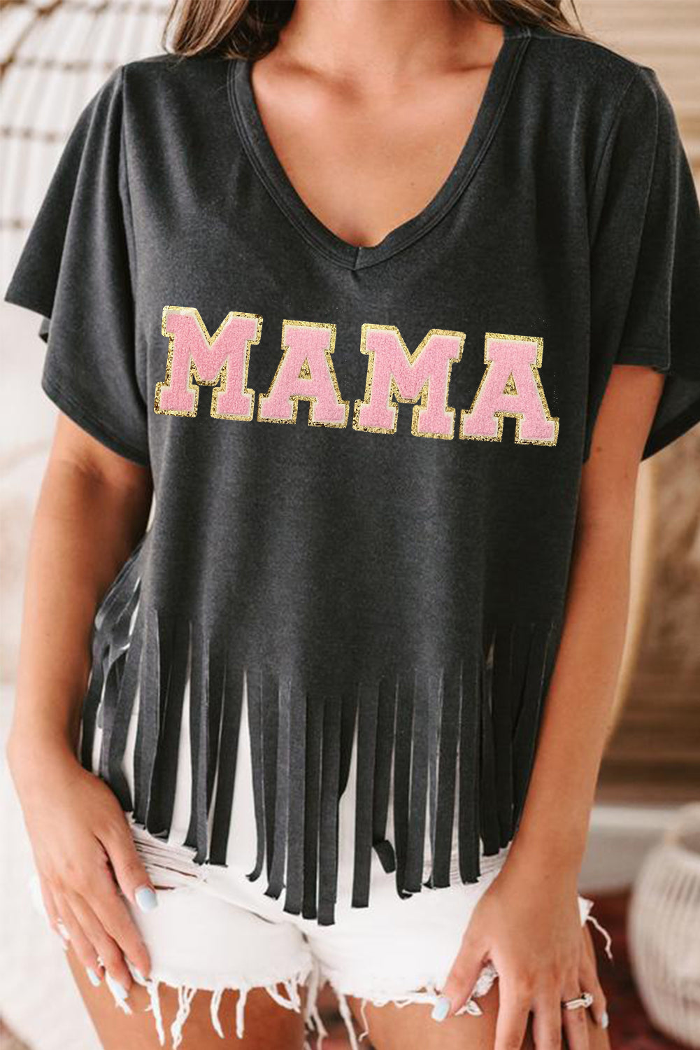 Black MAMA Chenille Graphic Fringed Hem Tee Graphic Tees JT's Designer Fashion