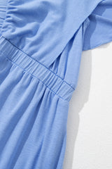 Sky Blue Textured V Neck Flutter Sleeve Ruffled Maxi Dress Maxi Dresses JT's Designer Fashion