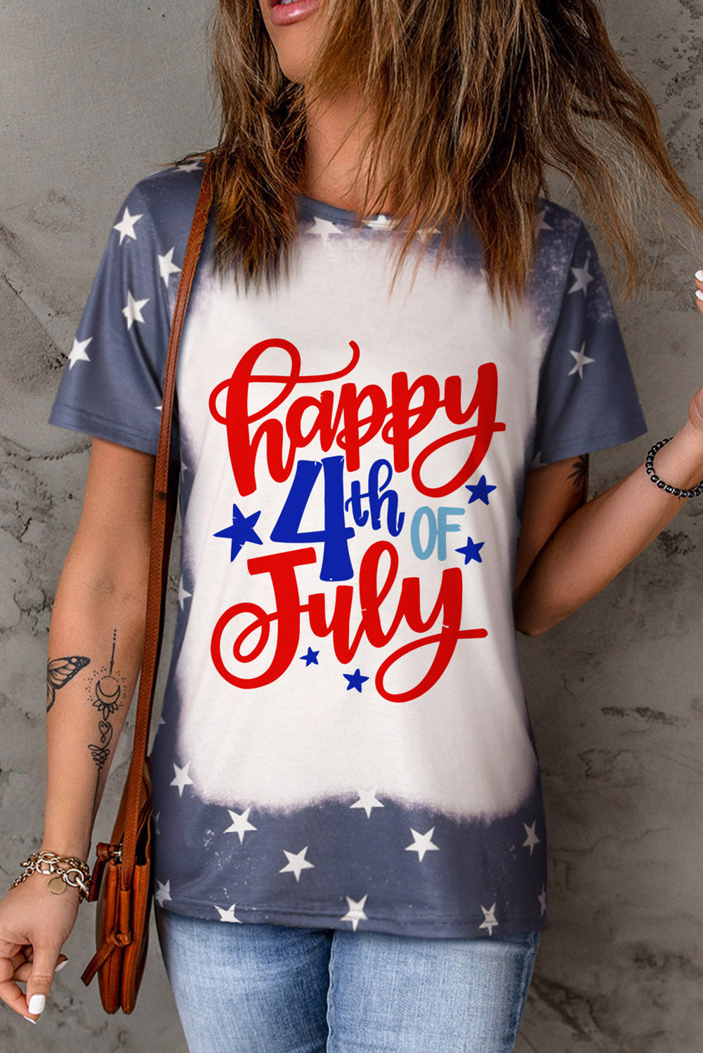 Blue Happy 4th Of July Bleached Stars Print T Shirt Graphic Tees JT's Designer Fashion