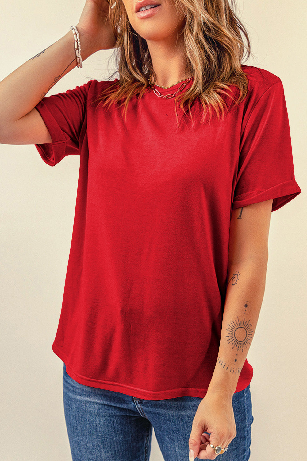 Red Casual Plain Crew Neck Tee Tops & Tees JT's Designer Fashion