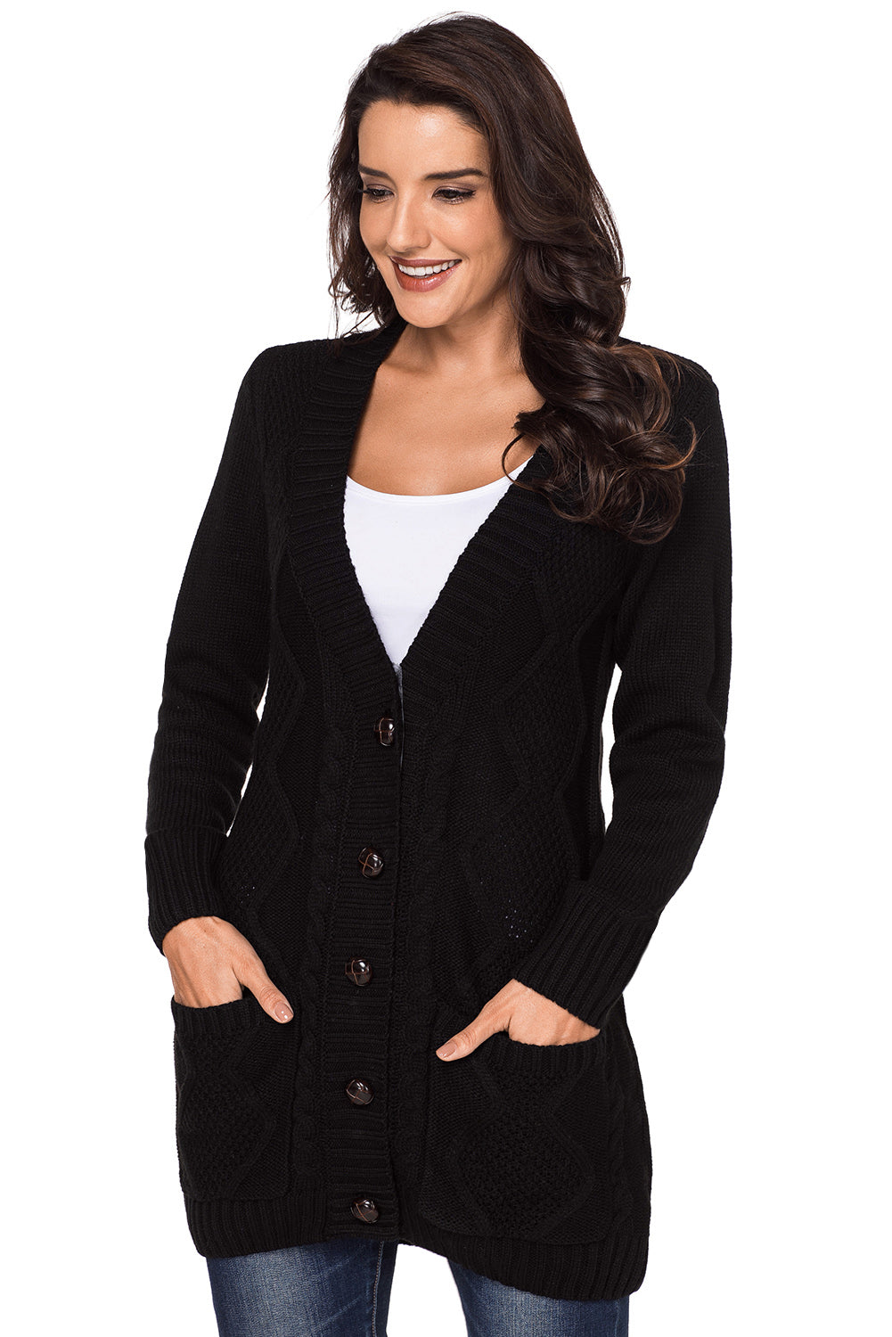 Black Front Pocket and Buttons Closure Cardigan Sweaters & Cardigans JT's Designer Fashion