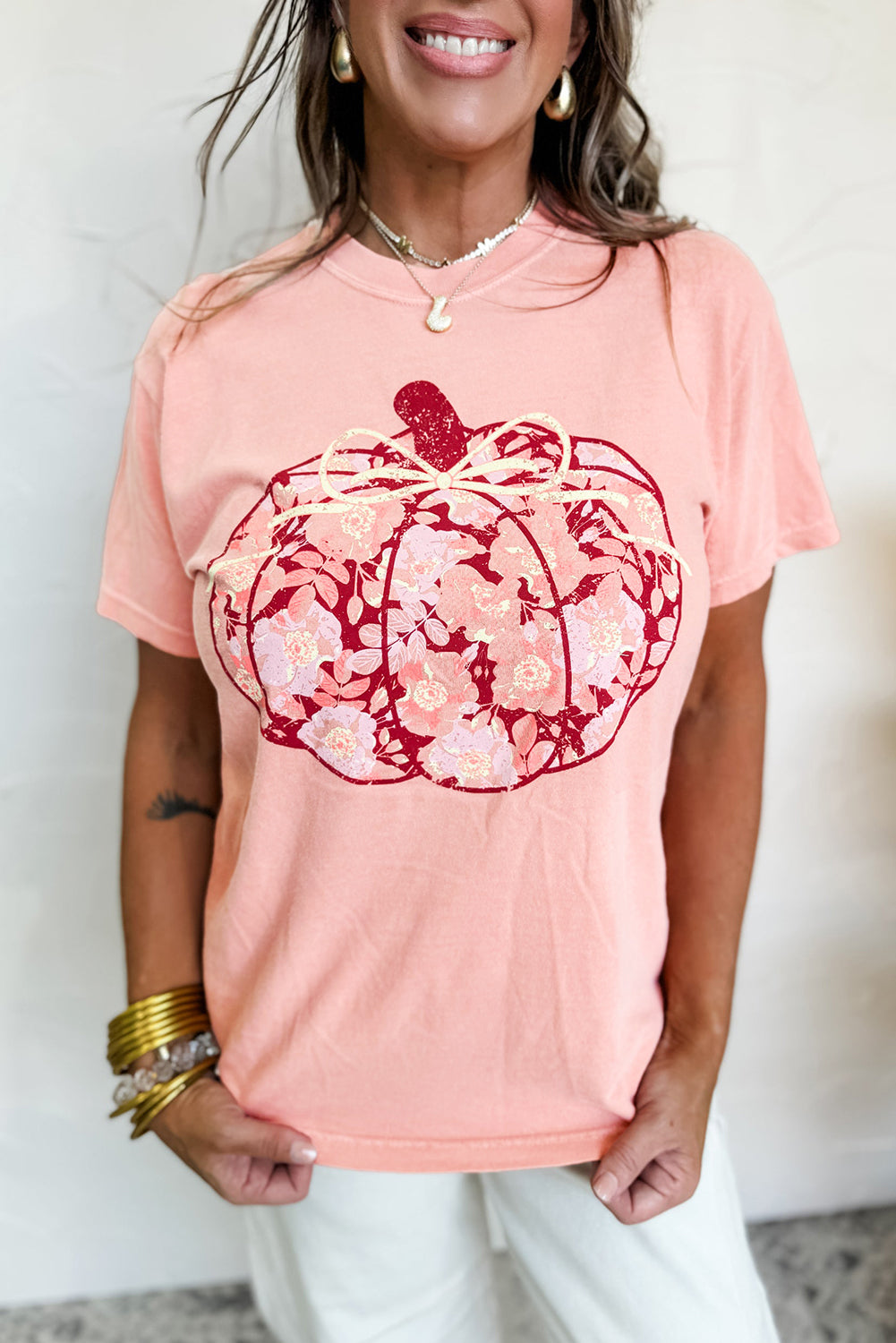 Pink Floral Pumpkin Print Crew Neck Casual T Shirt Graphic Tees JT's Designer Fashion