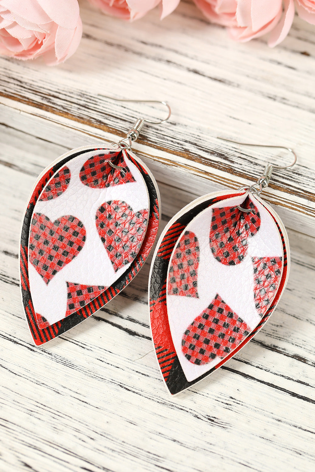 Red Plaid Valentine Heart Multilayered Earrings Jewelry JT's Designer Fashion