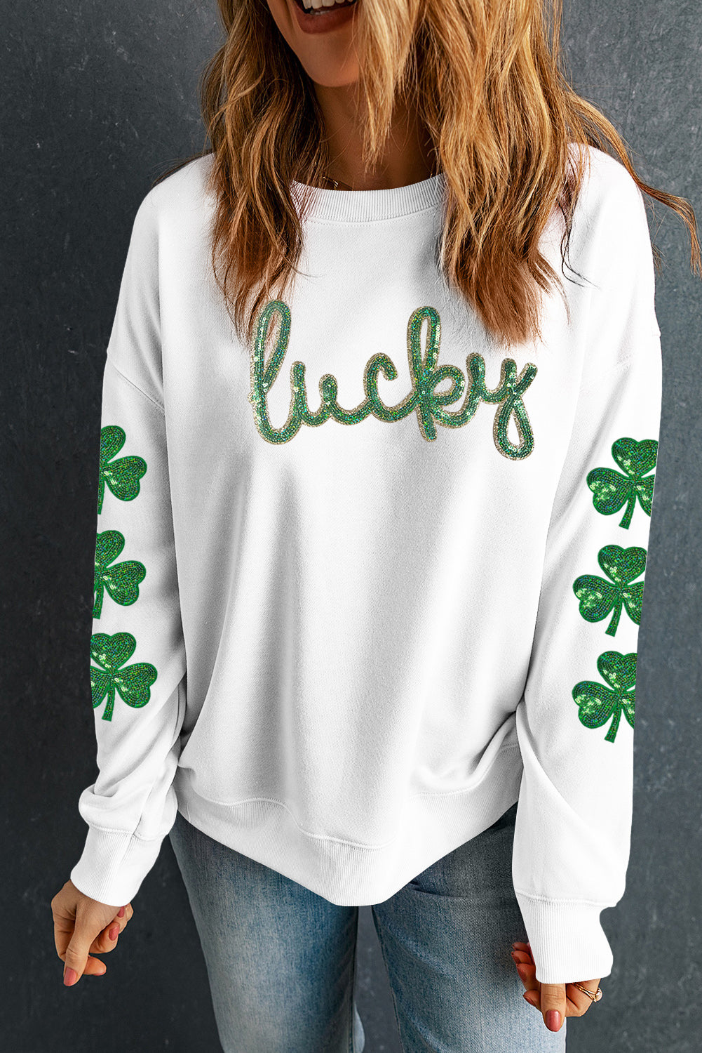 White Sequin lucky Lettering Clover Patched Sleeve Drop Shoulder Sweatshirt Graphic Sweatshirts JT's Designer Fashion