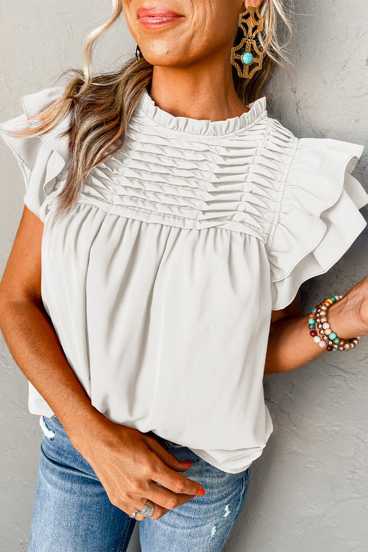 White Smocked Ruffle Sleeve Blouse Tops & Tees JT's Designer Fashion