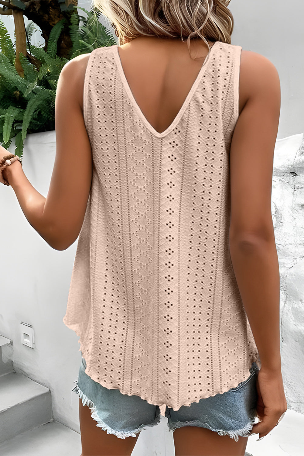 Apricot Pink Lace Crochet Splicing V Neck Loose Fit Tank Top Tops & Tees JT's Designer Fashion