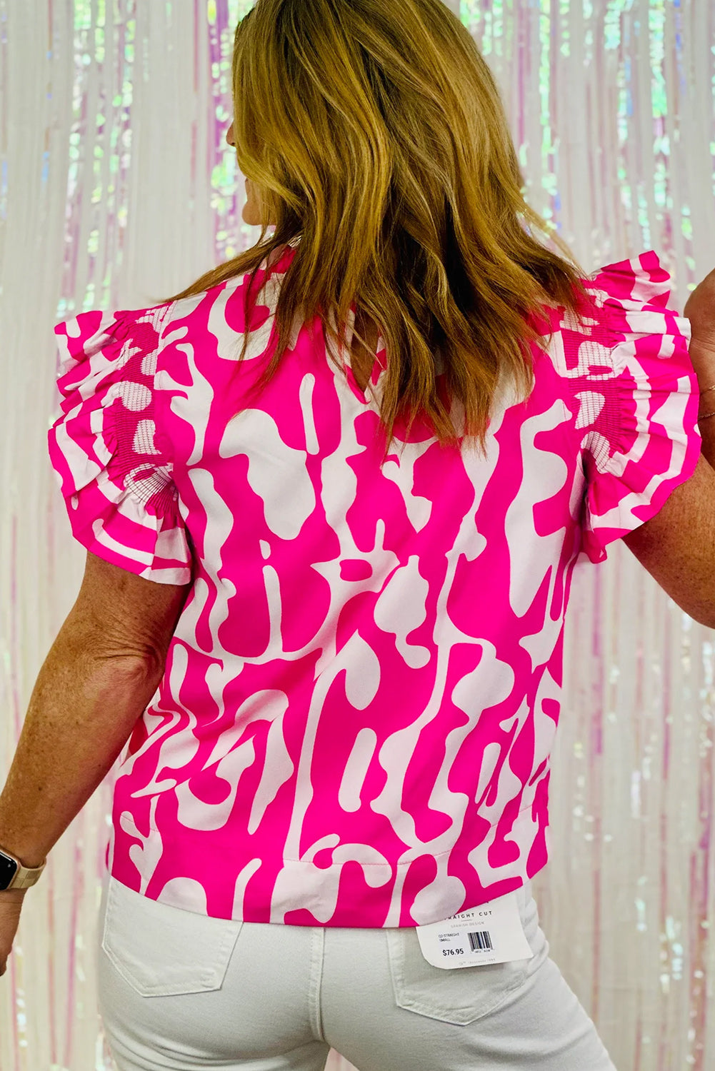 Bright Pink Printed Plus Size Ruffle Sleeve Blouse Plus Size JT's Designer Fashion