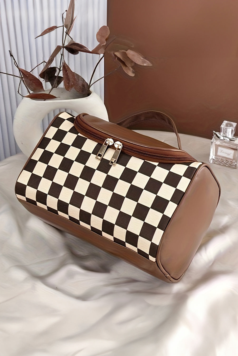 Black Checkered PU Leather Zipper Makeup Bag Makeup Bags JT's Designer Fashion