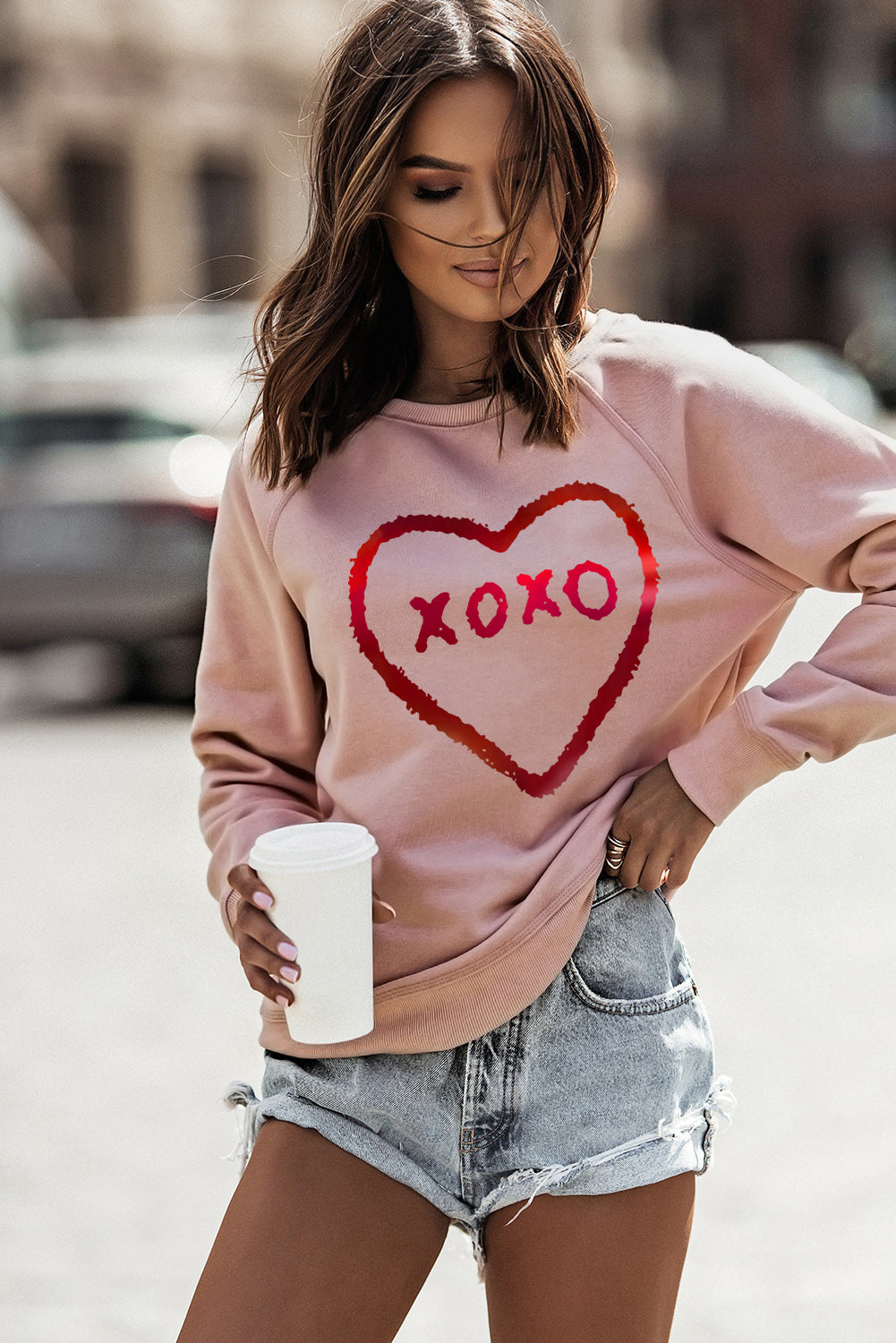 Pink XOXO Heart Shaped Glitter Print Long Sleeve Sweatshirt Graphic Sweatshirts JT's Designer Fashion