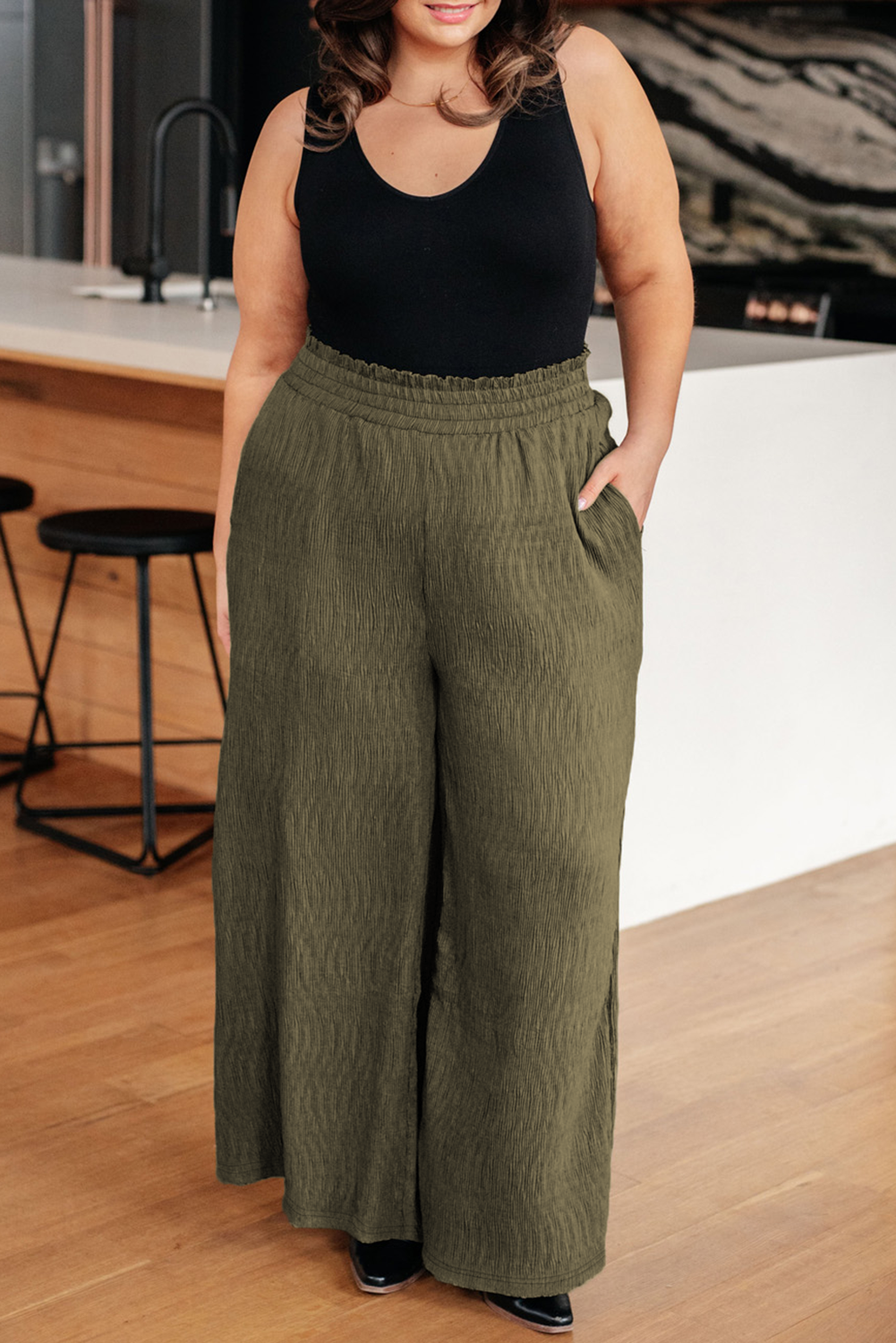 Jungle Green Plus Size Textured Shirred High Waist Casual Pants Plus Size Bottoms JT's Designer Fashion