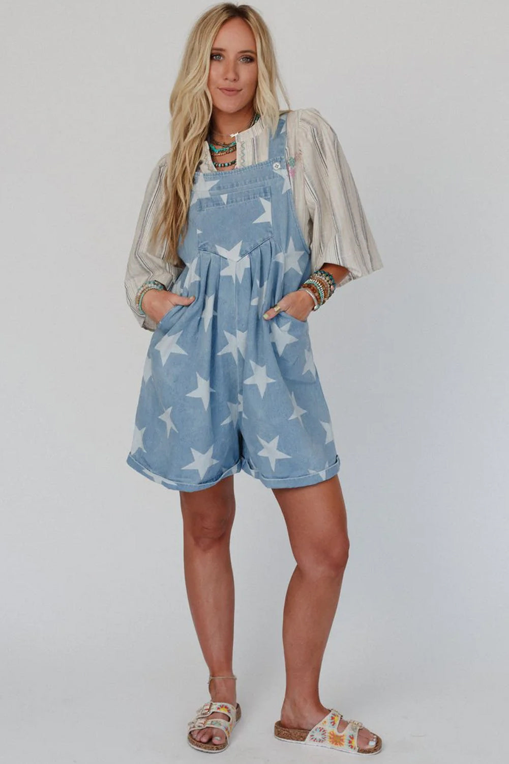 Light Blue Star Printed Buttoned Straps Pocketed Denim Romper Jumpsuits & Rompers JT's Designer Fashion