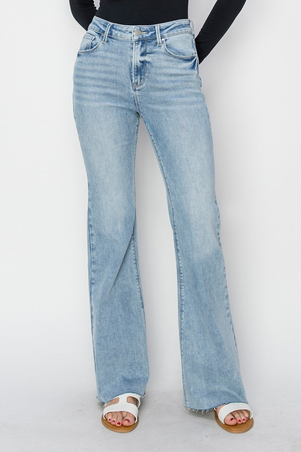 RISEN Full Size High Rise Raw Cut Hem Bootcut Jeans Light Jeans JT's Designer Fashion