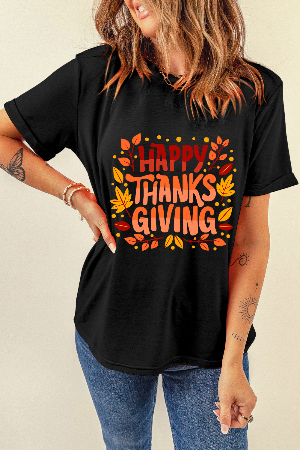 Black Happy Thanksgiving Leaves Print Crew Neck T Shirt Graphic Tees JT's Designer Fashion