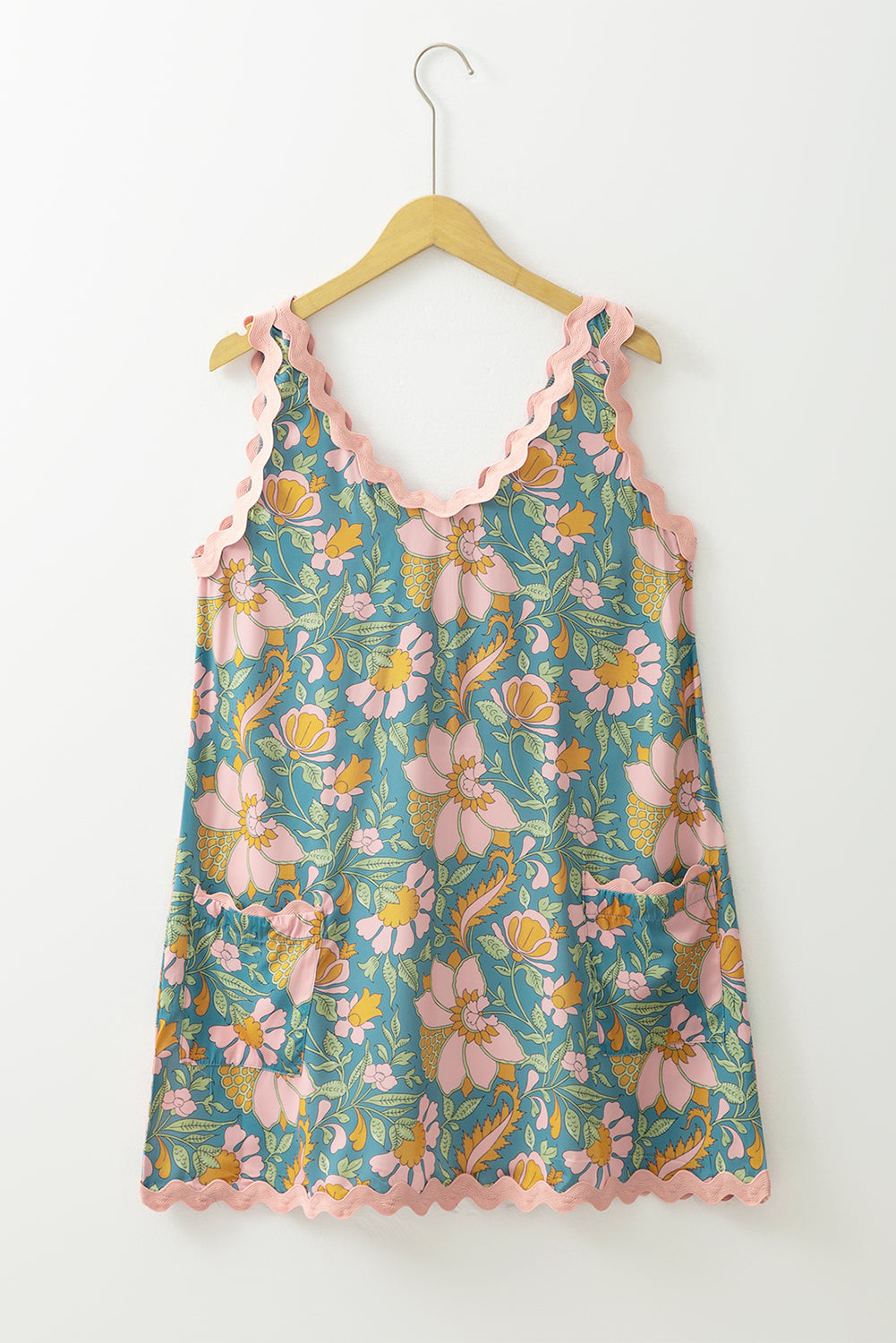 Sky Blue Floral Ricrac Trim V Neck Shift Mini Tank Dress Mini Dresses JT's Designer Fashion