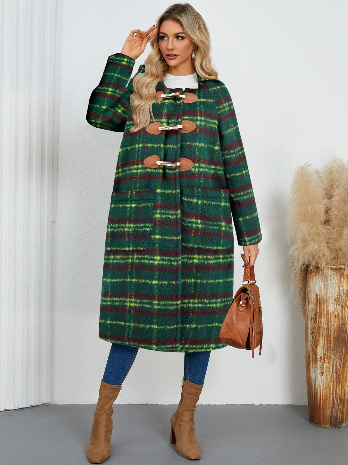 Plaid Long Sleeve Hooded Coat with Pockets Long Sleeve Tops JT's Designer Fashion