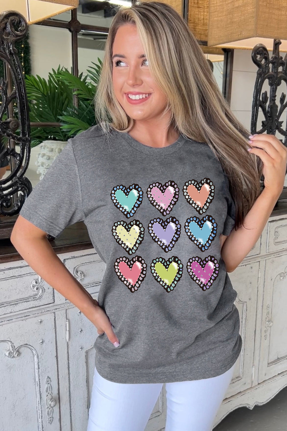 Gray Colorful Heart Shaped Print Crew Neck Casual Tee Graphic Tees JT's Designer Fashion