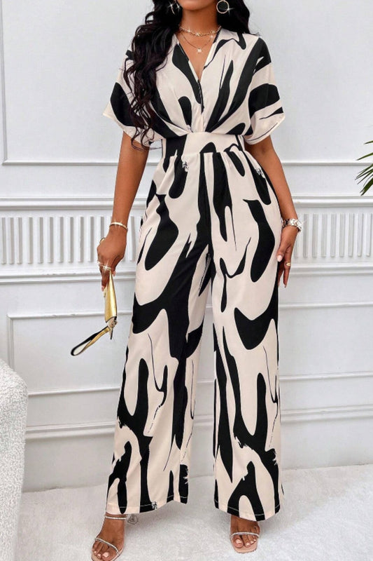 Printed V-Neck Short Sleeve Wide Leg Jumpsuit Black Jumpsuits & Rompers JT's Designer Fashion