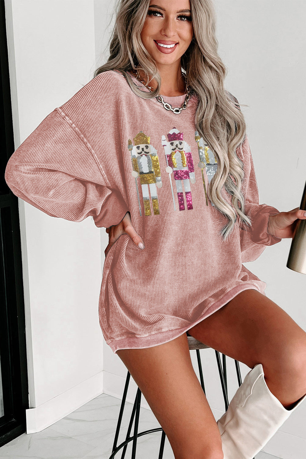 Pink Christmas Nutcracker Pattern Ribbed Oversized Sweatshirt Graphic Sweatshirts JT's Designer Fashion